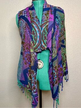 Anu Boho Open Front Kimono Poncho Multicolor Paisley Fringe One Size XL